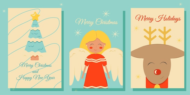 Set of Christmas and New Year posters and greeting cards in retro style