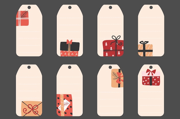 Set of Christmas and New Year tags with gift boxes Gift cards for winter holidays