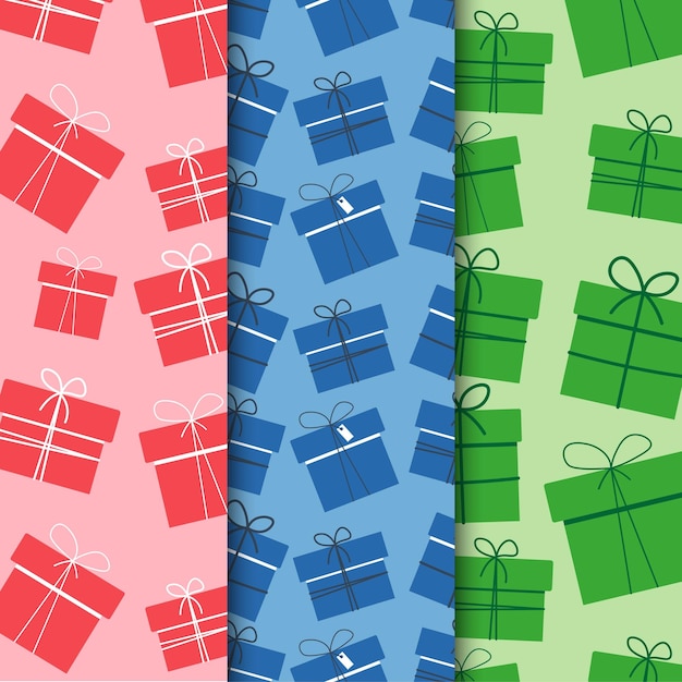 Set Of Christmas Patterns With Boxes For Package Colorful Vector Illustration In Flat Style