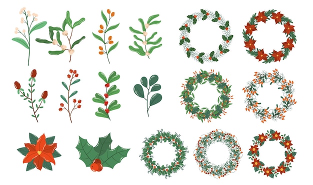 Vector set of christmas plants tree wreaths and garlands elements winter fir or pine branches and red bows decoration