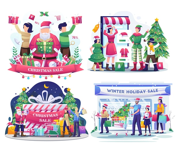 Set of Christmas Sale with People shopping goods gifts and discount illustration