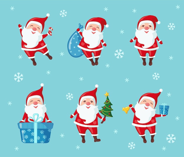 Set of Christmas Santa Claus in flat style. Vector illustration.