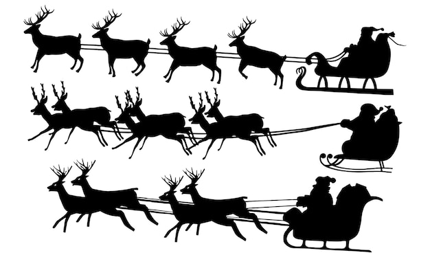 set of Christmas Santa Claus with his sled and reindeer silhouette