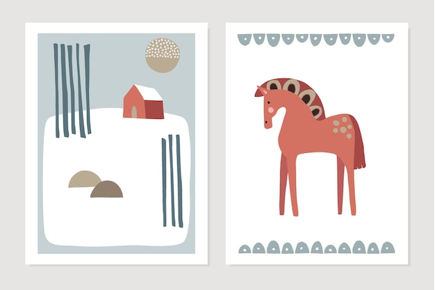 Set of Christmas Scandinavian greeting cards invitations Abstract winter snowy landscape with red house and trees and ornamental Swedish horse Nordic winter design Vector illustration background