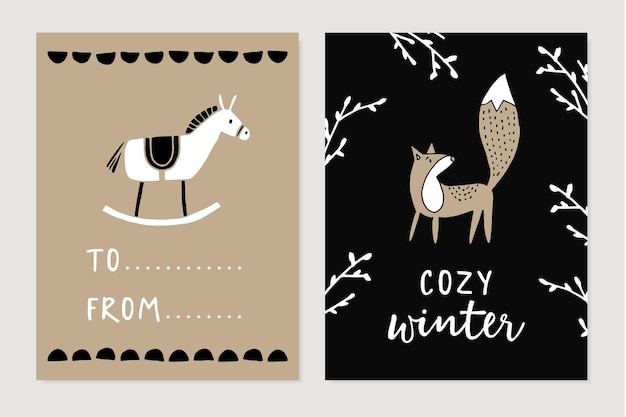 Set of Christmas Scandinavian greeting cards invitations Cute wooden horse toy and fox with bare tree branches Nordic kids design Winter vector illustration backgrounds posters Gift labels