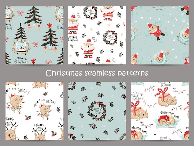 Set of Christmas seamless pattern with funny cats.