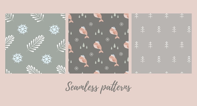 Set of  christmas seamless patterns with baby whale