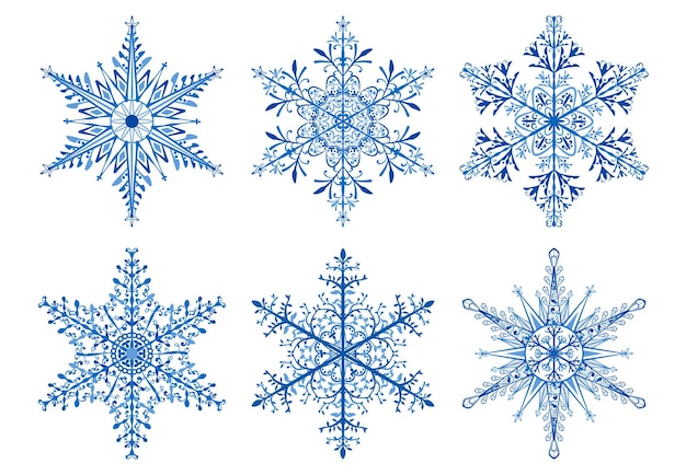 Set of Christmas snowflakes, blue on white background