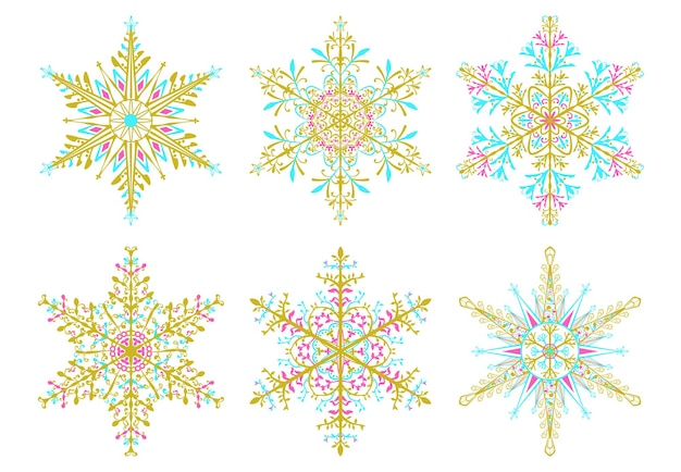 Set of Christmas snowflakes colored on white background