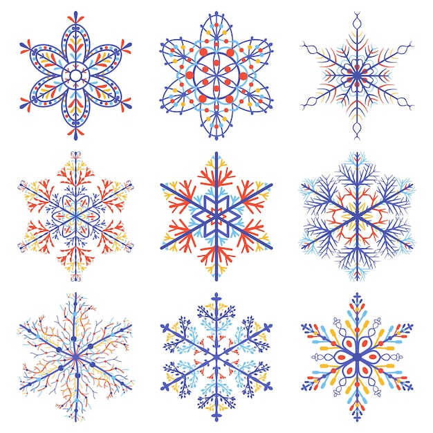 Set of Christmas snowflakes, colored on white background