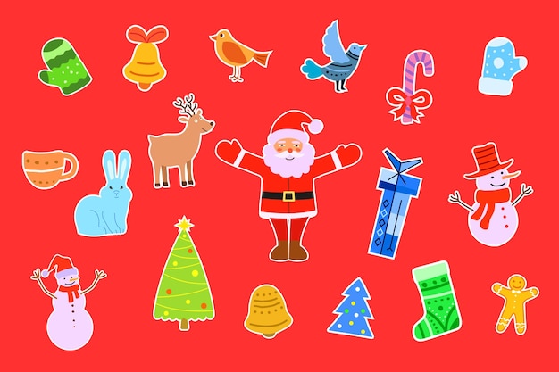 A set of Christmas stickers in a cute cartoon style with Santa and the snowman the bunny and the reindeer the bell the mitten and the sock the gift and the Christmas tree Vector illustration