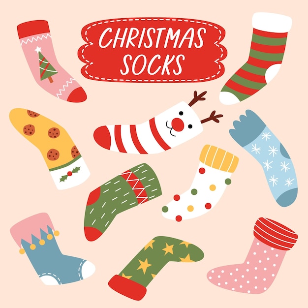 Set christmas stockings Various traditional colorful and ornate holiday stockings or socks collection