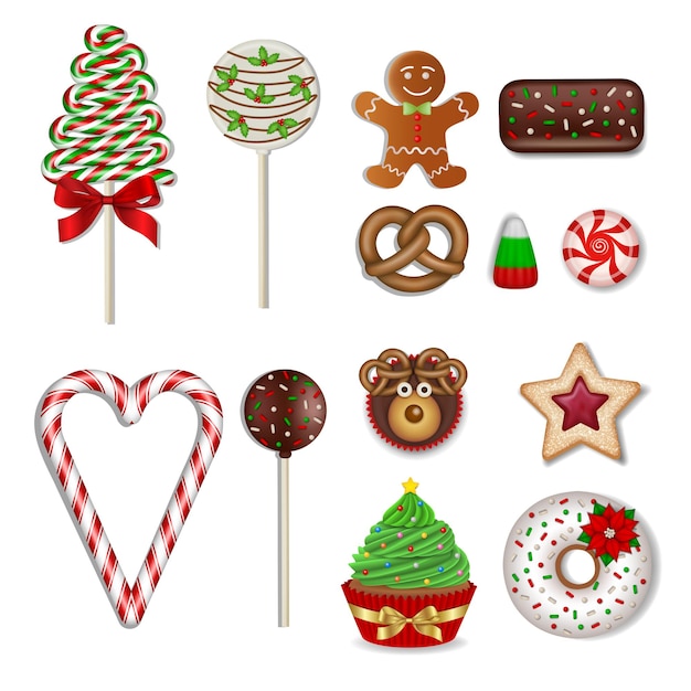 Set of christmas sweets isolated lollipops candies chocolates cookies and cakes