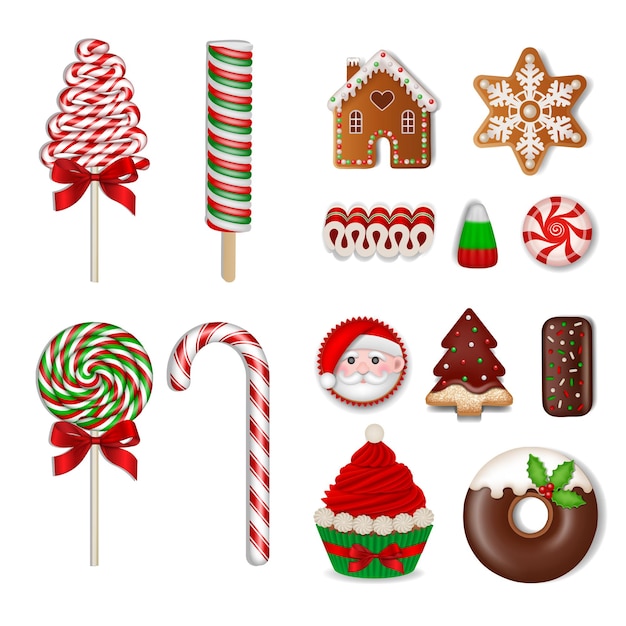 Set of christmas sweets isolated lollipops candies chocolates cookies and cakes