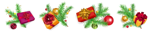 Set of Christmas tree branches with balls, gift boxes and pieces of serpentine on white background