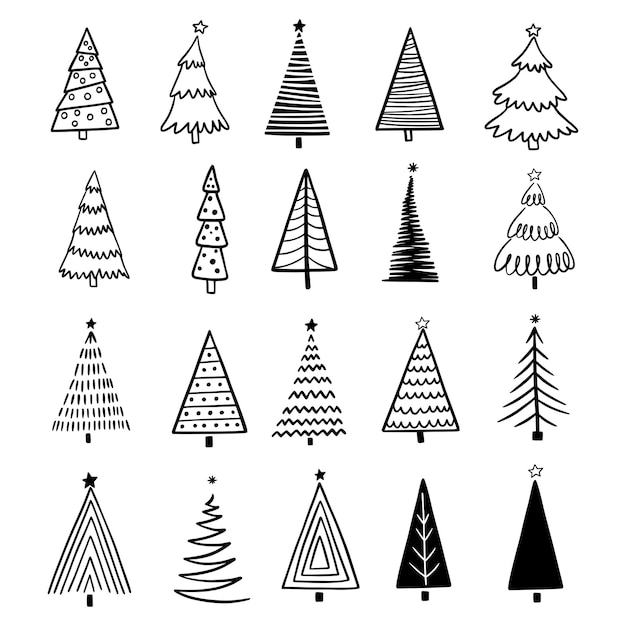 Set of christmas tree vector icon. Simple black white illustration in scandinavian style. Hand-drawn