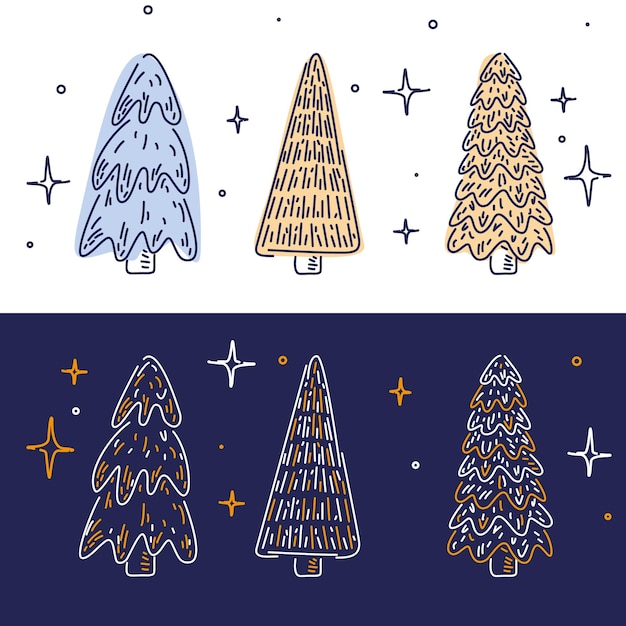 Set of Christmas trees in doodle style Vector illustration