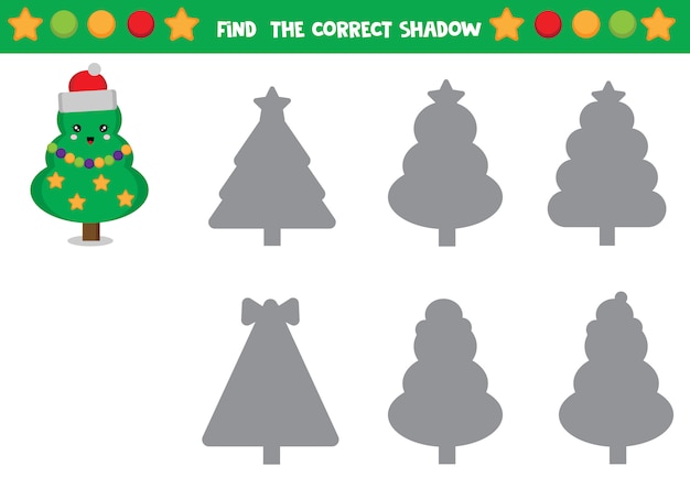 Set of christmas trees. Find the correct shadow. Worksheet for kids