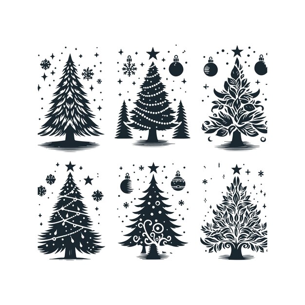 Vector set of christmas trees ornament decoration silhouette vector art illustration