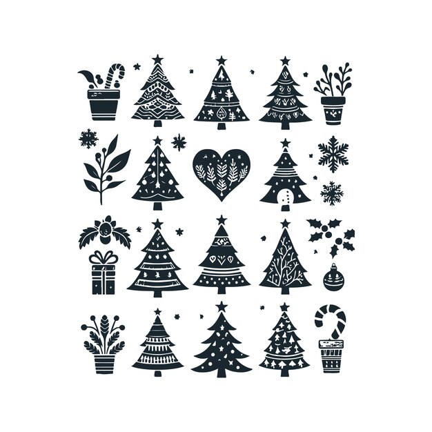 Vector set of christmas trees ornament decoration silhouette vector art illustration