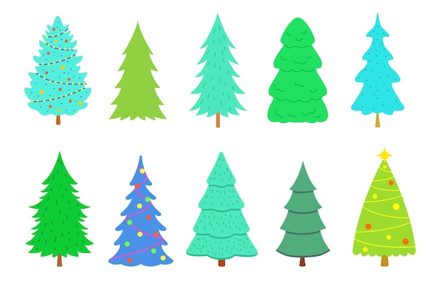 Set of Christmas trees with ornaments and garlands and Christmas trees without garlands Collection of winter trees for Christmas New Year and holiday Vector illustration