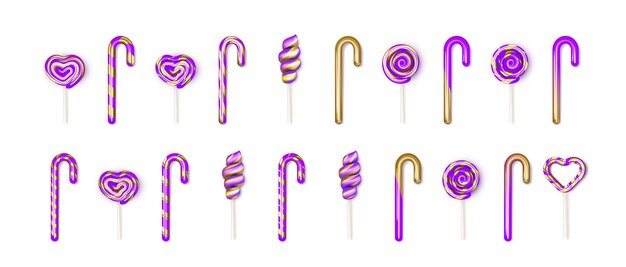 Vector set of christmas violet swirl lollipop sticks traditional treat on party decoration ornament icons collection isolated on white background happy new year design for post card vector illustration