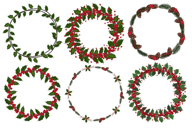 Set of christmas wreath with winter floral elements. Vector illustration.