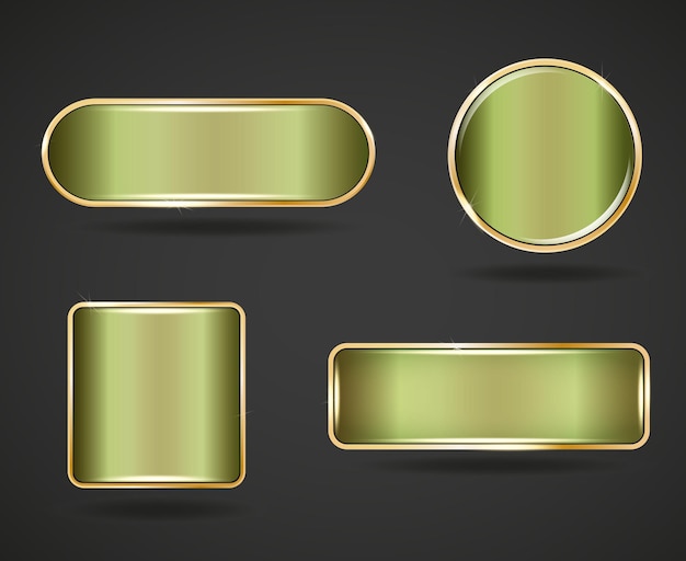 Vector set of chrome green gradient buttons in golden frame