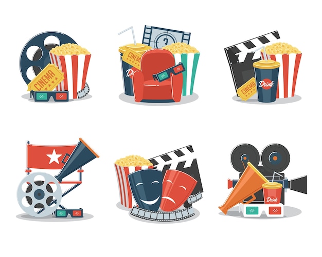 Set of cinema and film concepts illustration with movie theater elements