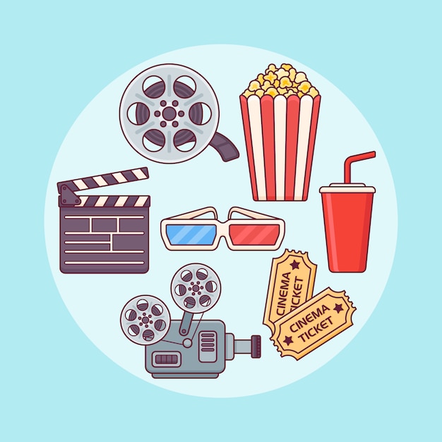 Set of cinema or movie design elements in flat line style.