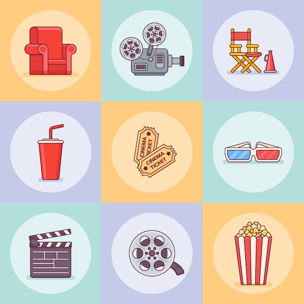 Set of cinema or movie flat line style icons.