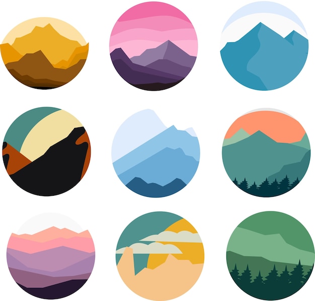 A set of circle shapes with mountains and trees.