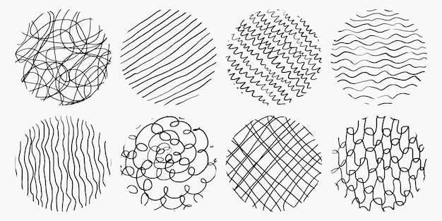 Vector set of circles with different pencil hatching patterns doodle handdrawn elements spirals crosshatch lines scratches chaotic vector strokes