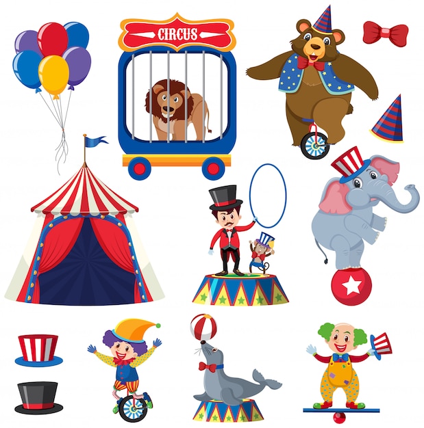 Set of circus animals and people