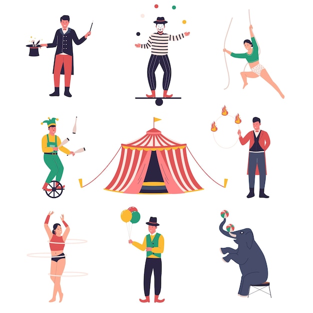 Vector set of circus performers artists and animals