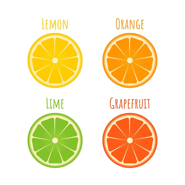 Set of citrus icons in flat style Slices of orange lime lemon grapefruit isolated on white Fresh fruits vector illustration The concept of diet healthy food and nutrition