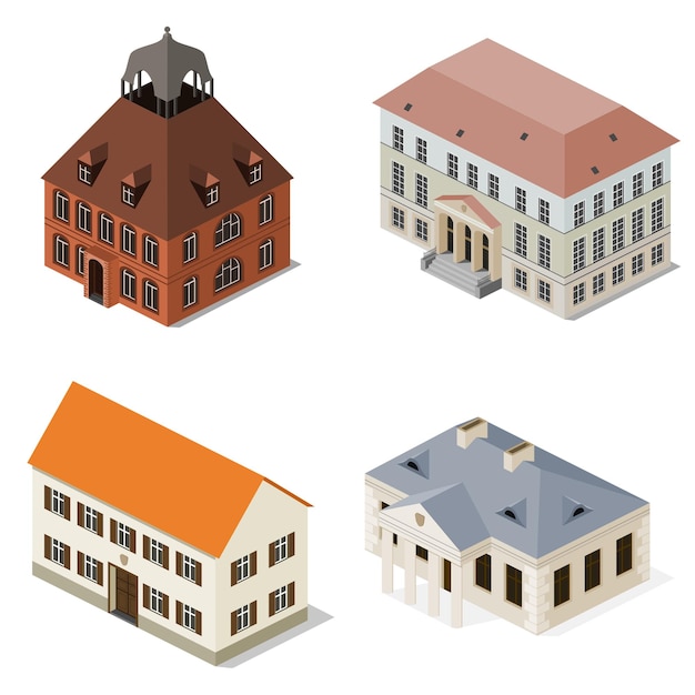 Vector set of city halls, town halls, residentals, isometric architecture.