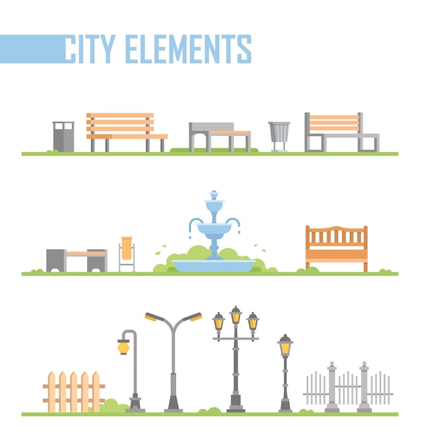 Set of city park elements - modern vector cartoon isolated illustration in flat design style on white background. Different benches, fountain, street lanterns, trash cans, fence, gates on a lawn