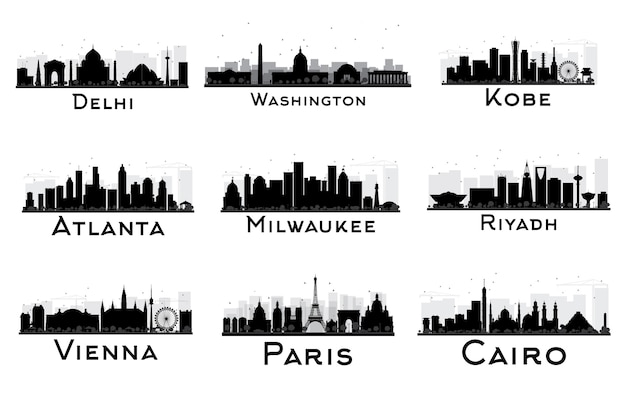 Set of City Skyline Black and White Silhouette. Delhi. Washington. Kobe. Atlanta. Milwaukee. Riyadh. Vienna. Paris. Cairo. Cityscape with landmarks