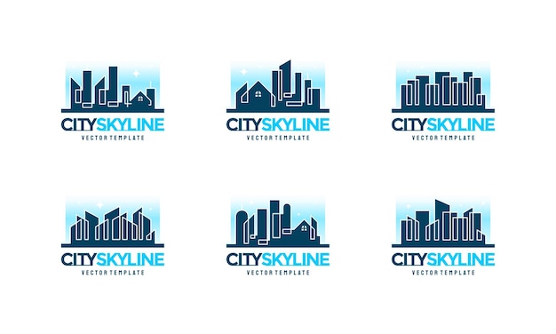 Set of City skyline line art vector illustration, City Building Construction logo designs, Real Estate logo symbol