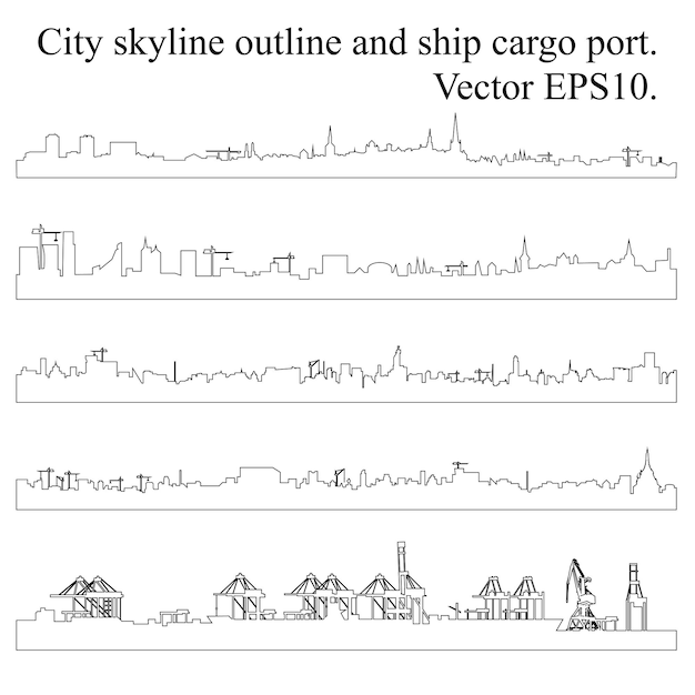 Set of city skyline outlines and port on white Modern cityscape and cargo port with cranes for footer Vector illustration