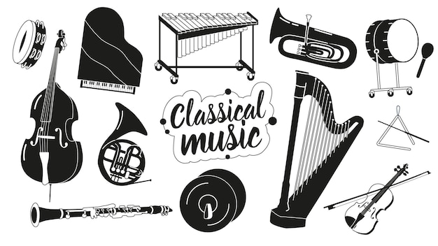 Set Of Classical Musical Instruments Black and White Icons Tambourine Grand Piano Xylophone And Trumpet Drum Cello And Pipe With Brass Plates And Harp Or Violin And Clarinet Vector Illustration