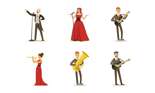 Set of Classical Musicians and Singers People Playing Musical Instruments and Singing Cartoon Vector Illustration