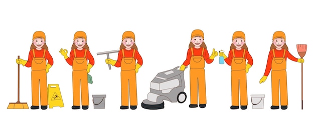 Set of cleaner woman character in orange clean shirt with with cleaning and protection tools