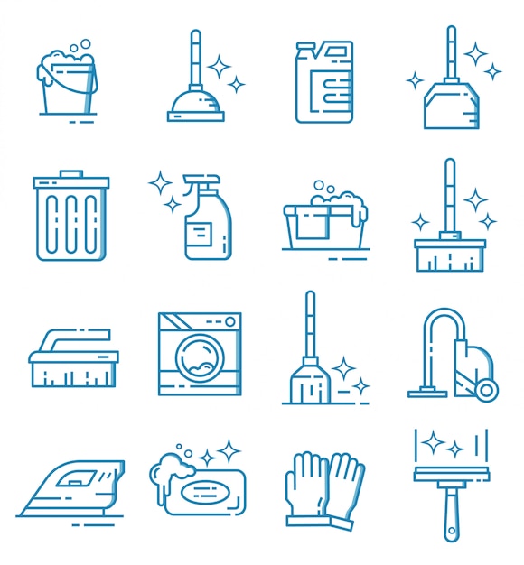 Set of cleaning equipment icons with outline style