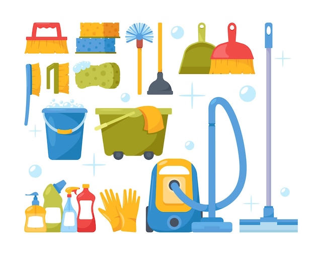 Set of Cleaning Service Equipment, Supplies for Washing Room. Maid Tools, Vacuum Cleaner for Washing and Housekeeping