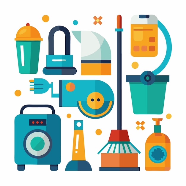 A set of cleaning supplies icons including a broom vacuum mop and more