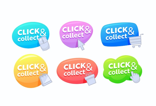 Set of Click and Collect Banners, Colorful Speech Bubbles, Digital Buttons to Enter on Web Page. Promo Pointer Icons, Navigation for Store Website Isolated on White Background. Vector Illustration