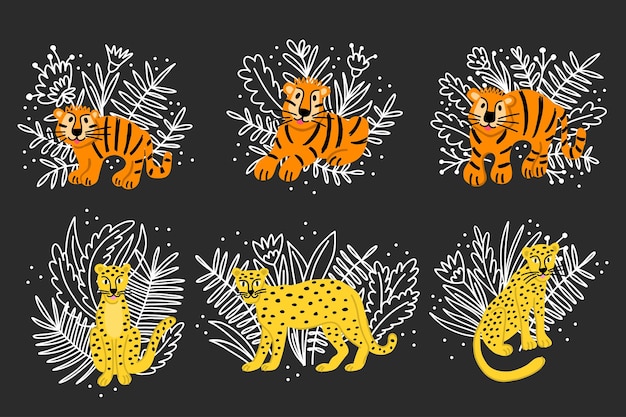 Set clip art of wildlife animals tigers and leopards surrounded by tropical leaves and flowers