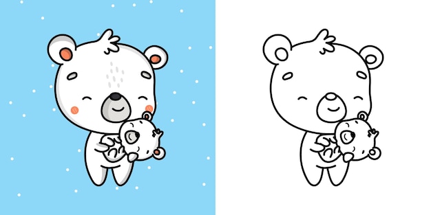 Set Clipart Bear Coloring Page and Colored Illustration. Clip Art Kawaii Polar Bear.